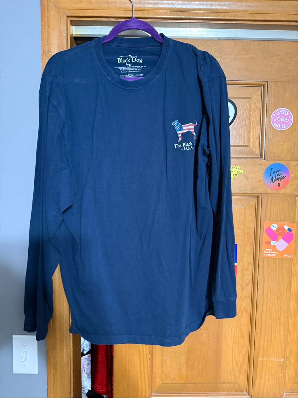 The Black Dog Navy Long Sleeve Tee with American Flag Dog